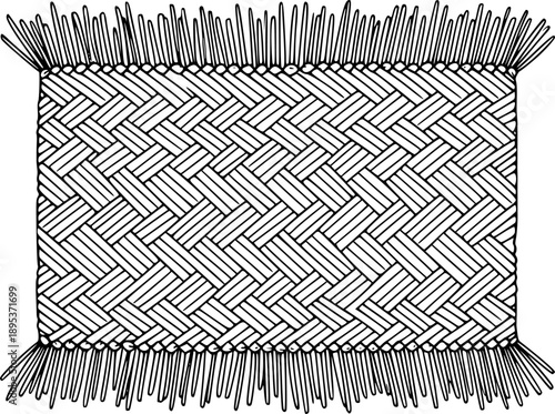 Engraved rendition of a woven mat or rug with fringe, minimalist