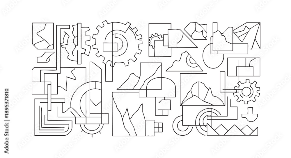 Obraz premium A complex arrangement of mechanical components and abstract shapes in a technical illustration viewed from directly above