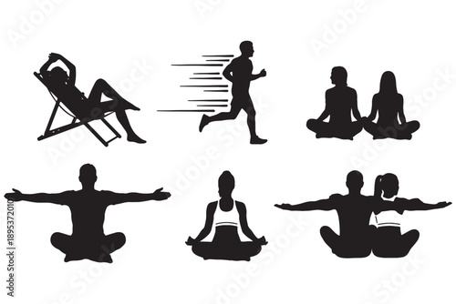 A group of people engaging in various fitness activities and exercises in different poses and settings.