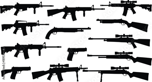 Firearms silhouettes collection showing rifles shotguns and pistols isolated on white background military hunting black vector illustration