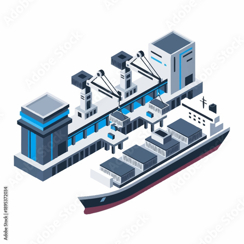 Isometric illustration of a cargo ship docked at a modern port terminal with cranes.