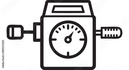 Simple line illustration of a pressure gauge with dial and handles on a plain white background