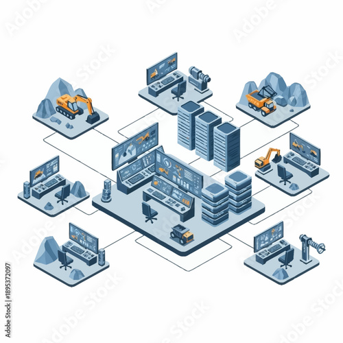 Isometric illustration of a centralized control room managing remote industrial operations.