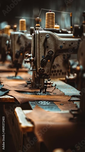 Rows of vintage sewing machines stitch leather with weathered precision