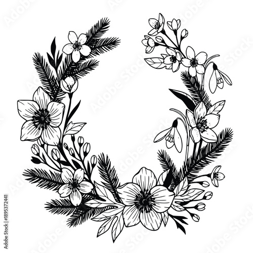 Beautiful black and white floral wreath with various flowers and leaves arranged in a circular pattern symbolizing elegance and sophistication in graphic design.