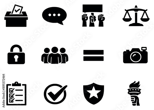 Civil and Political Rights in outline style: voting ballot box, free speech bubble, peaceful protest sign, fair trial scale, privacy lock, assembly group icon. Vector icons
