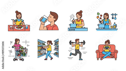 High-Quality Black Outline Colorful Human Silhouettes Showing Healthy Daily Lifestyle Activities