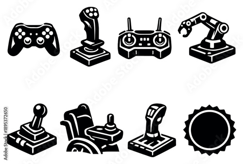 Applications and control scenarios in bold style: gaming controller, flight simulator stick, drone controller, robotic arm control, industrial lever, wheelchair. Vector icons