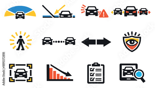 Traffic Visibility and Monitoring in bold style: field of view arc, reflection angle diagram, blind spot detection icon, vehicle approach indicator, pedestrian. Vector icons