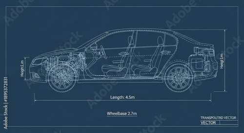 Car Blueprint Technical Drawing Side View.