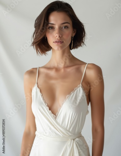 Brunette woman with short hair in white dress poses in studio. She has delicate makeup and elegant jewelry. Model wears wrap dress with lace trim, looking at camera.