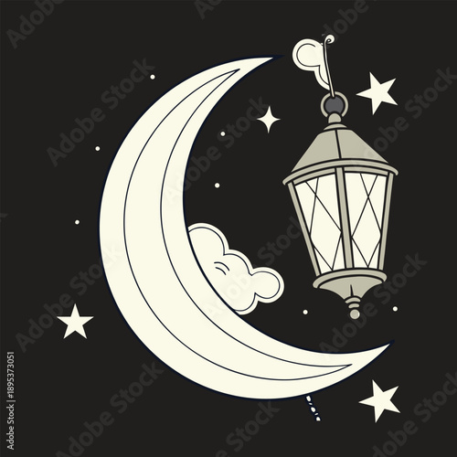 Crescent moon with hanging vintage lantern and stars in night sky, dreamy nursery vector illustration for kids bedroom decor.