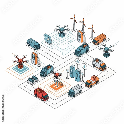 Isometric Smart City with Electric Vehicles and Drones.
