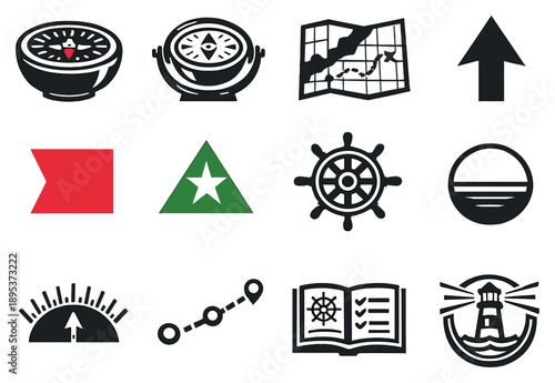 Maritime and Nautical Compass in bold style: ship compass bowl, gimbal mount, nautical chart, heading arrow, port starboard markers, ship wheel, horizon line. Vector icons