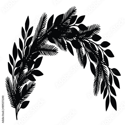 Elegant black and white illustration of a laurel wreath symbolizing achievement and honor perfectly suited for awards and ceremonial designs.