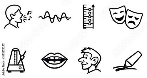 Performance and vocal technique in outline style: vocal warmup icon, breath control wave, pitch scale, emotion mask, timing metronome, articulation mouth. Vector icons