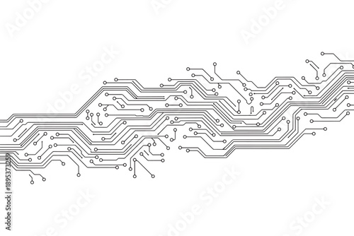 A black and white illustration of a complex circuit board design on a plain white background