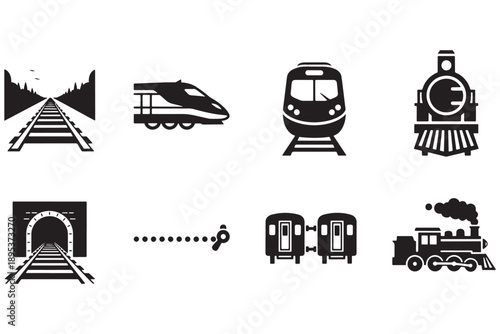 A collection of black and white train icons on a white background