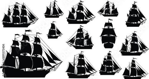 Vintage sailing ship silhouettes collection with multiple angles isolated on white background maritime history black vector illustration