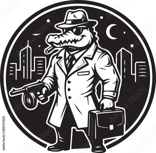 Gator Mobster Noir Emblem Cool Black and White Circular Mascot of a Crocodile Gangster in a Trench Coat and Fedora with a Tommy Gun and Briefcase