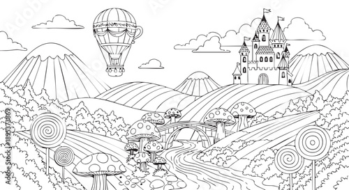 A fantastical landscape featuring a castle, hot air balloon, and lollipop trees in a whimsical environment from an aerial viewpoint.