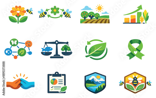 Pollination services and environmental stewardship vector icons in flat style: flowering plant, pollination arrows, orchard field, crop yield boost chart. Vector icons