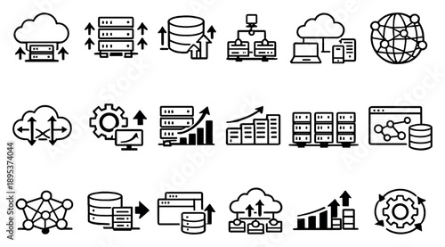 Scalability in Technology in outline style: cloud infrastructure, server capacity, scalable database, load balancing, cloud computing, distributed system. Vector icons