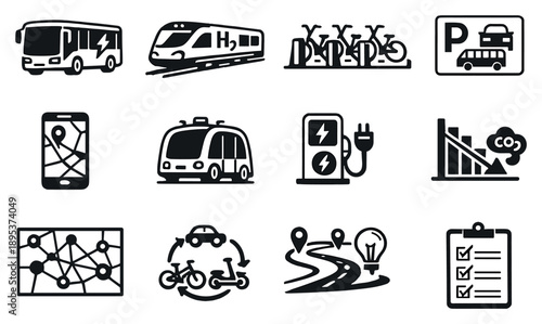 Sustainable and Future Transit in outline style: electric bus, hydrogen train, bike share dock, park and ride sign, smart mobility app, autonomous shuttle. Vector icons