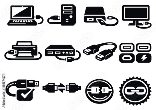 Computer and device data cables vector icons in bold style: laptop cable connection, desktop port cable, external drive cable, monitor data cable, printer cable. Vector icons