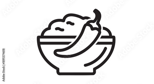 A bowl of food with a pepper on top viewed from the front in a simple line art style