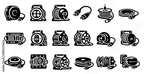 Cable Reels for Home Use in outline style: retractable cord reel, home extension reel, garden tool cord reel, home appliance power cable, light fixture wire. Vector icons