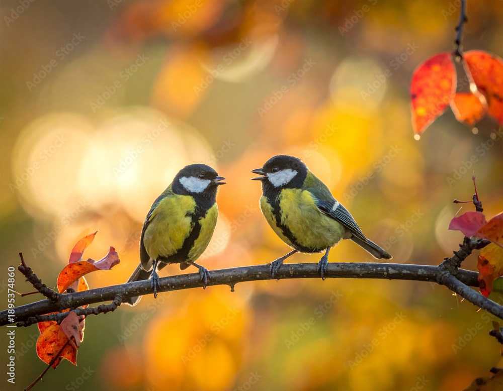 Fototapeta premium Two birds are sitting on a branch. One is yellow and the other is green. The birds are facing each other