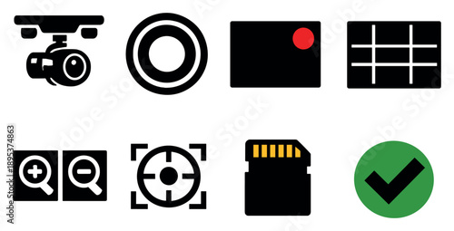 Aerial imaging and data capture in bold style: camera gimbal, photo capture button, video recording icon, image grid overlay, zoom control, focus reticle. Vector icons