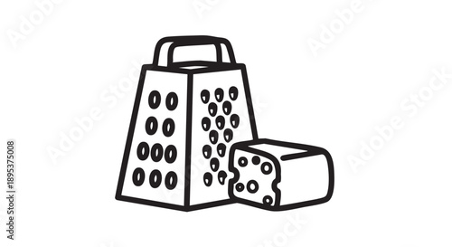 A grater and a block of cheese are depicted in a simple line drawing on a plain background from a straightforward viewpoint