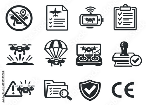 Regulation and Safety in Drone Delivery in outline style: no fly zone sign, aviation compliance document, remote ID tag, safety checklist, emergency landing. Vector icons