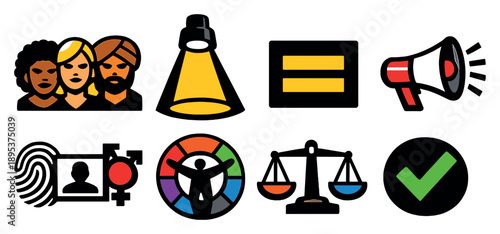 Representation concept overview in bold style: diverse faces group, visibility spotlight, equal sign, voice megaphone, identity symbols, inclusion circle. Vector icons