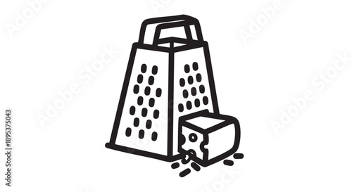 A grater and a piece of cheese being grated on a kitchen counter from a front view