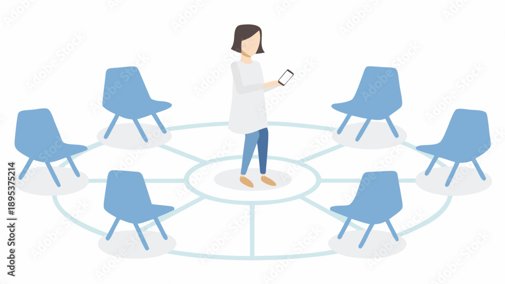 Fototapeta premium Woman leads meeting with smartphone in modern office space