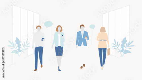 Professionals interacting in modern office setting with speech bubbles