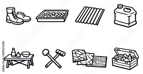 Sound effects creation tools in outline style: footsteps shoes, gravel tray, metal sheet, water container, prop table, mallet sticks, texture surfaces, prop. Vector icons