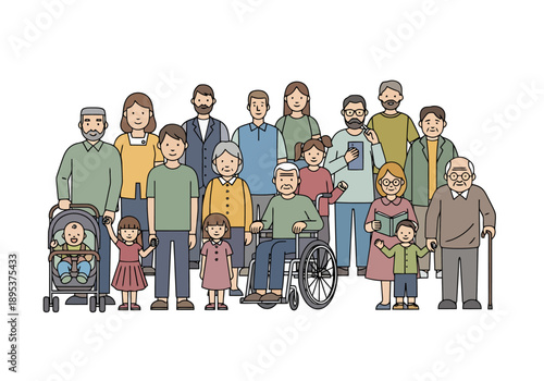 Diverse Group Of People Representing Family Generations Including Elders Adults And Children With One In A Wheelchair And Baby In Stroller Against