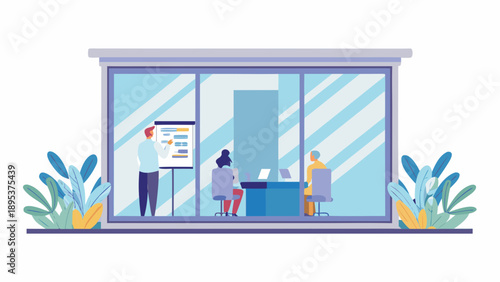 Team collaborating in modern office with presentation