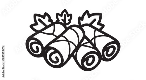 Illustration of spring rolls with leaves, a popular Asian dish, viewed from above on a simple white background