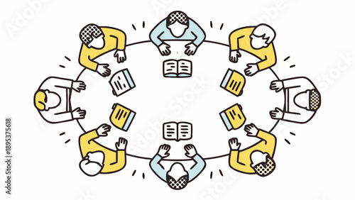 Diverse team collaborating around books