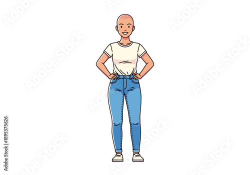 Cartoon of a bald woman in jeans and a t shirt standing with hands on hips looking forward happy and confident isolated on white background