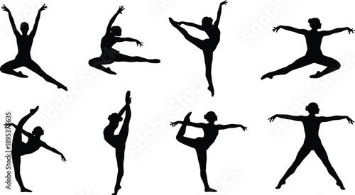 Ballet dancer silhouettes set, graceful female dance poses, classical choreography movement, artistic performance, black white vector illustration, collection, isolated, design