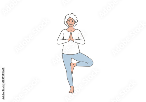 Elderly Woman Practicing Tree Pose With Hands Pressed Together in Meditation and Wellness Activity on Isolated Background