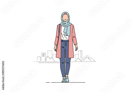 Modern Muslim Woman Standing Confident And Stylish In Cityscape Wearing Hijab And Casual Outfit With Building Silhouettes In Background