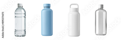 Four different reusable water bottles and plastic bottle isolated on a transparent background container