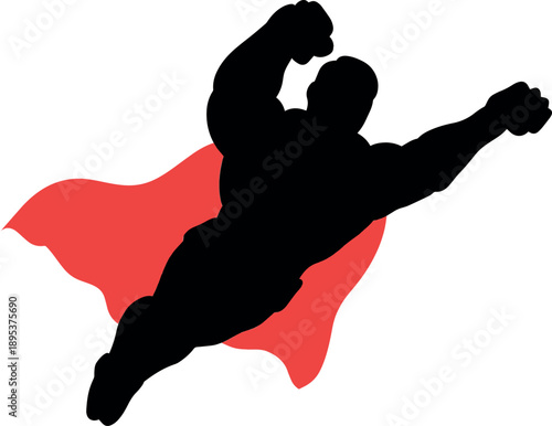 Dynamic Silhouette of a Soaring Hero with Flowing Red Cape and Power